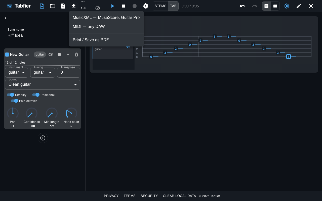 Le menu d'export ouvert, proposant MusicXML, MIDI, ou impression/enregistrement en PDF