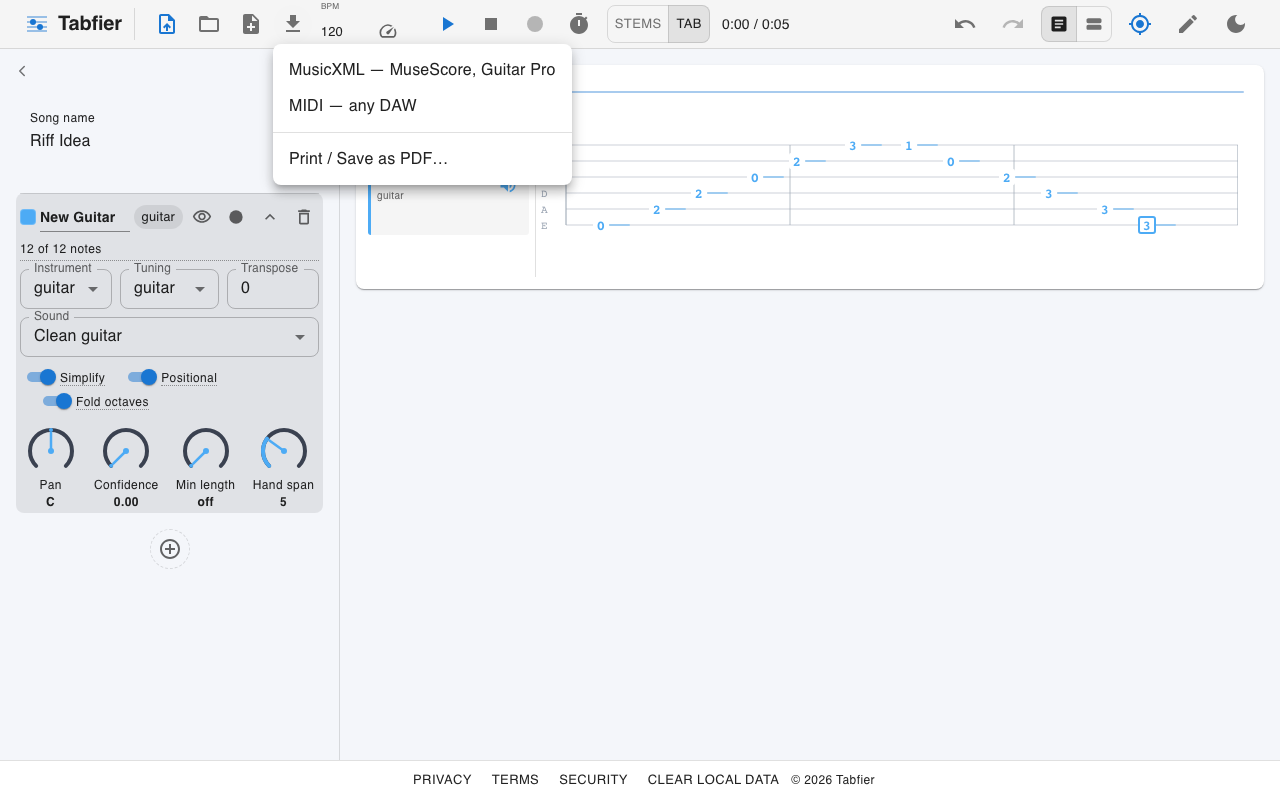 Le menu d'export ouvert, proposant MusicXML, MIDI, ou impression/enregistrement en PDF